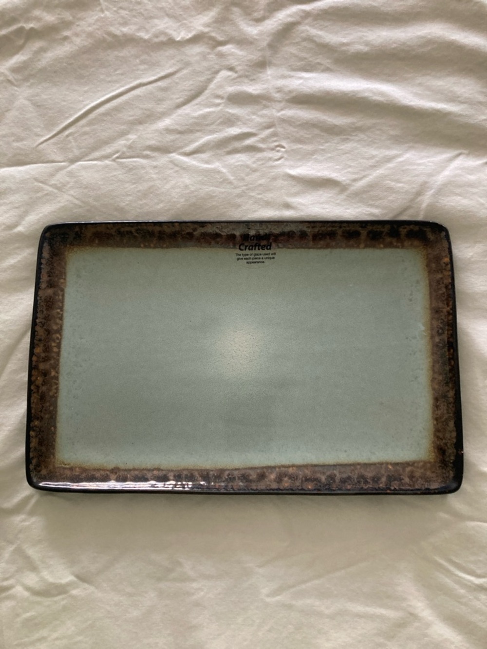 Mikasa Rectangular Ceramic Platter in Light Mint with Brown Rim